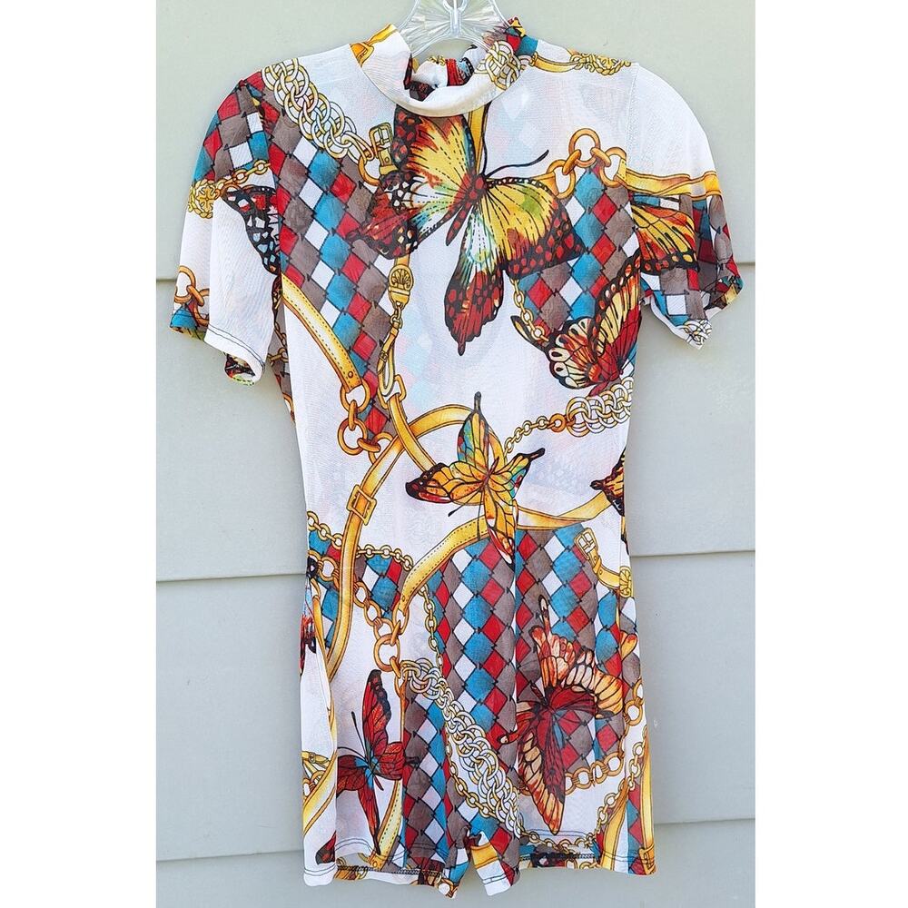 Vintage inc USA Y2K Mesh Sheer Romper Butterflies Chains Fits Size S  Festival